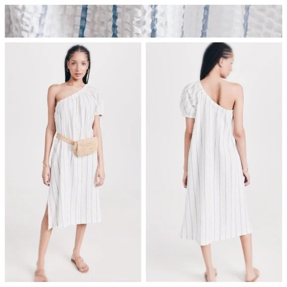 Madewell Seersucker Midi Dress One Shoulder Striped Small NWT - Picture 4 of 16